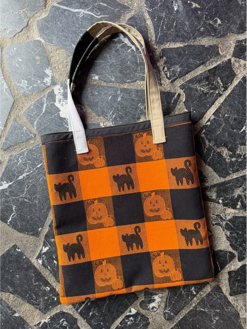 Handmade Halloween Themed Tote Bag with Pumpkin and Black Cat Design